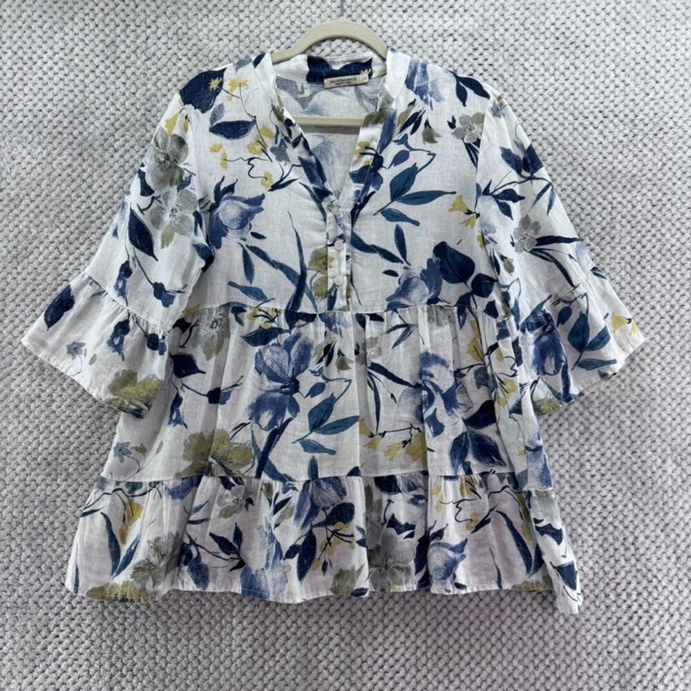 Valentina Naldi Linen Popover Top Womens L White Blue Floral Tiered Flare Cuff